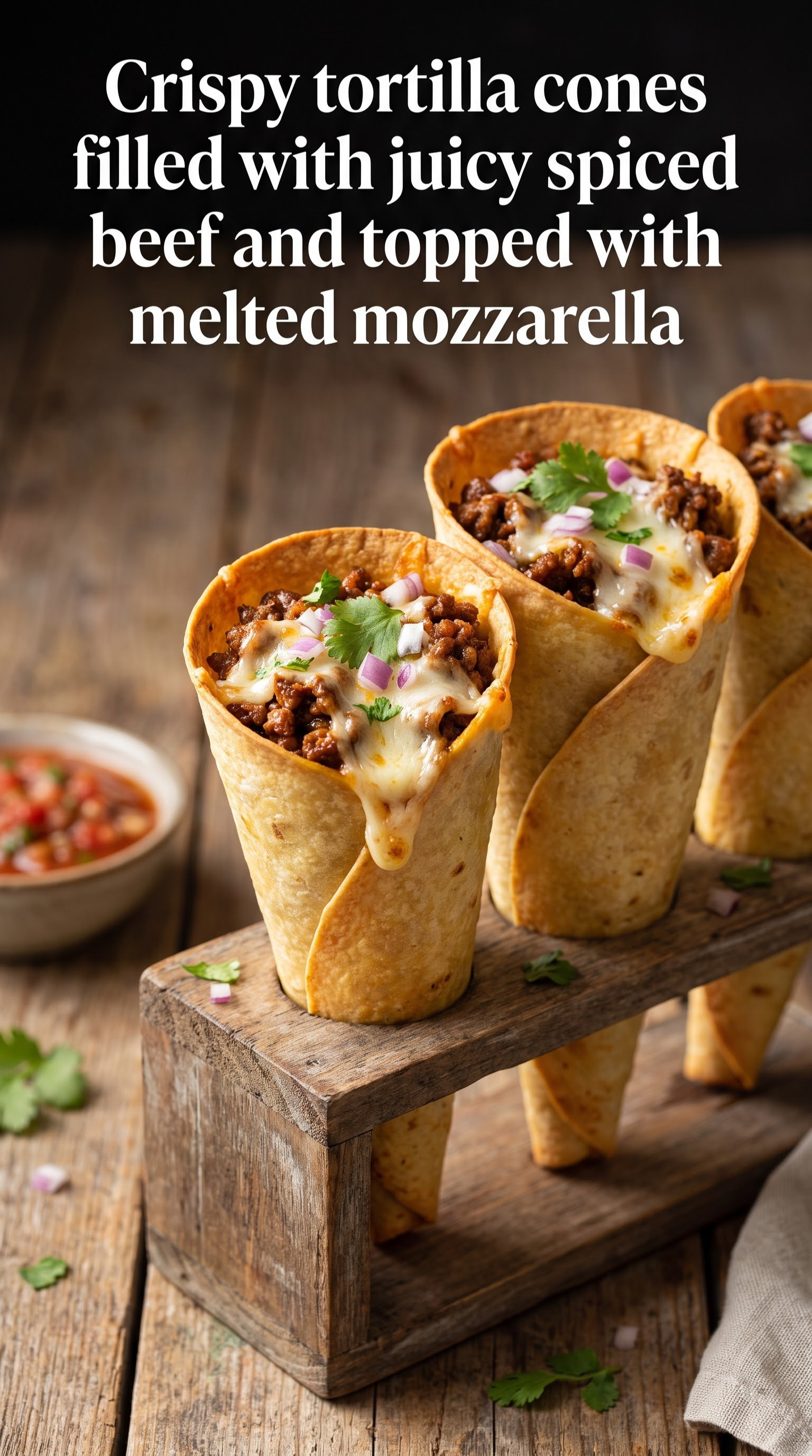 Crispy tortilla cones filled with juicy spiced beef and topped with melted mozzarella