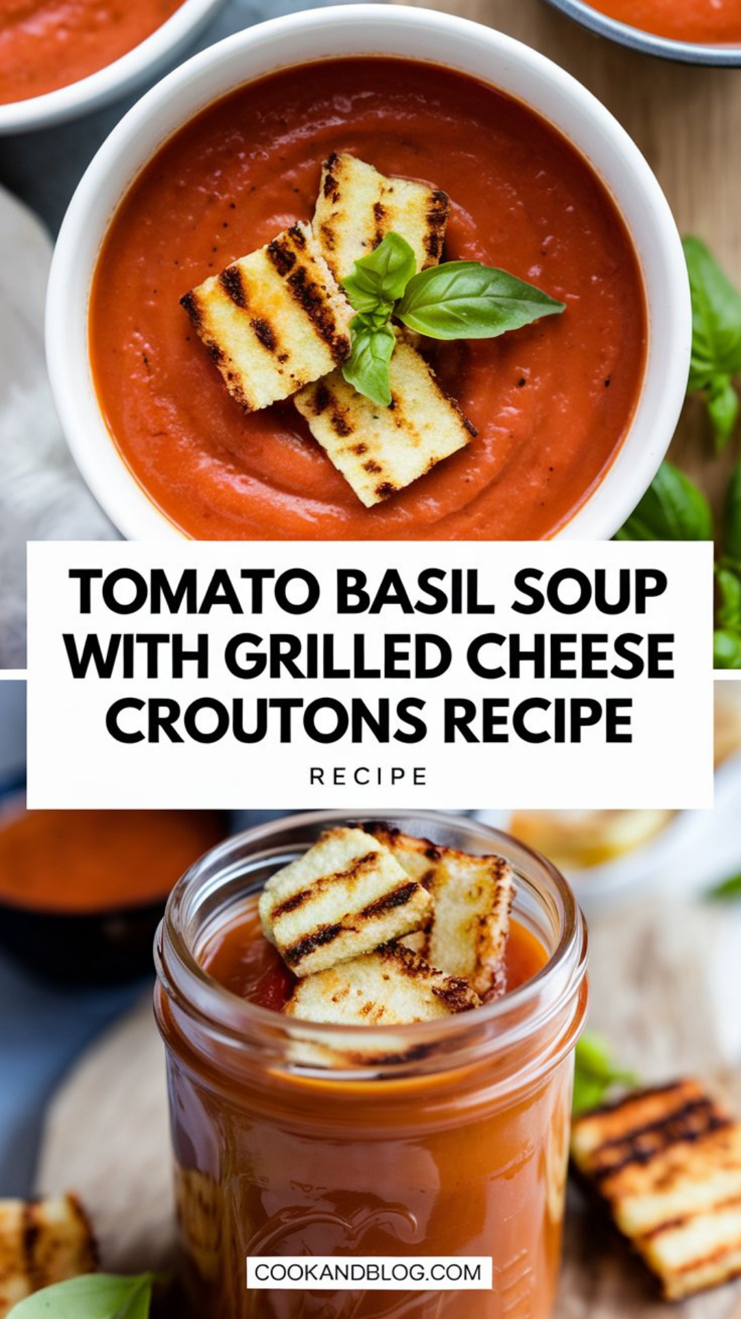 Tomato Basil Soup with Grilled Cheese Croutons Recipe Tomato Basil Soup with Grilled Cheese Croutons Recipe